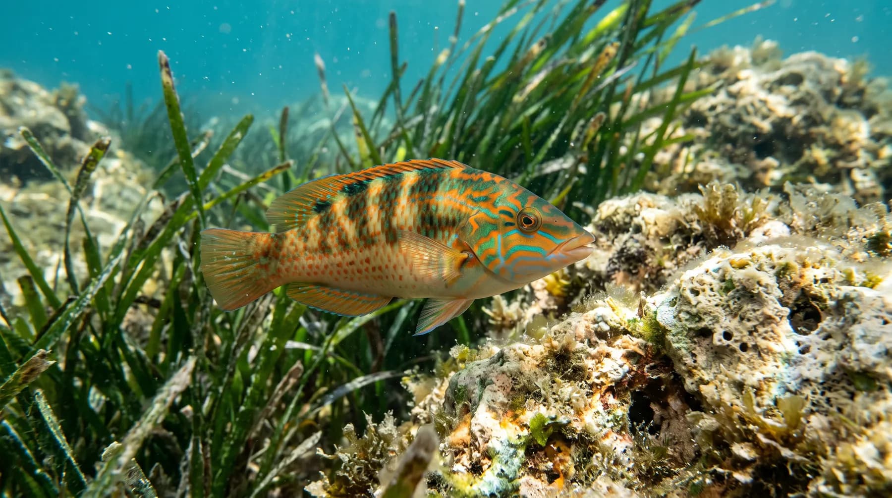 A painted wrasse in Posidonia seagrass